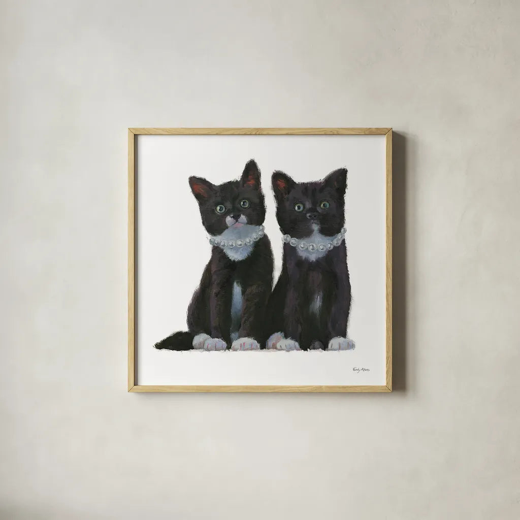 Cutie Kitties IV by Emily Adams. Shown in a natural wood glass frame for a timeless modern aesthetic. Available as an archival giclee rolled canvas, fine art paper, or poster print. SKU 44466a.