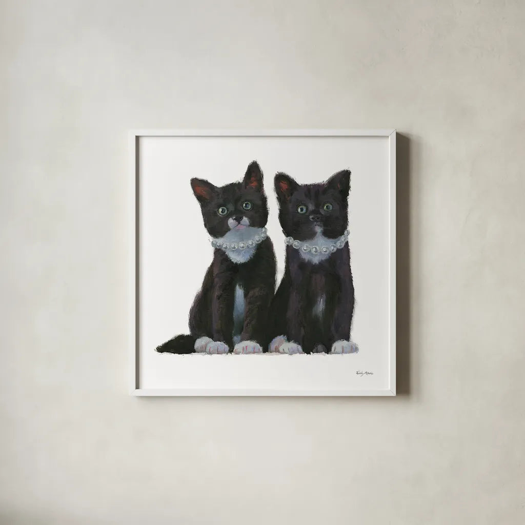 Cutie Kitties IV by Emily Adams. Shown in a crisp white glass frame for a clean and minimalist style. Available as an archival giclee rolled canvas, fine art paper, or poster print. SKU 44466a.