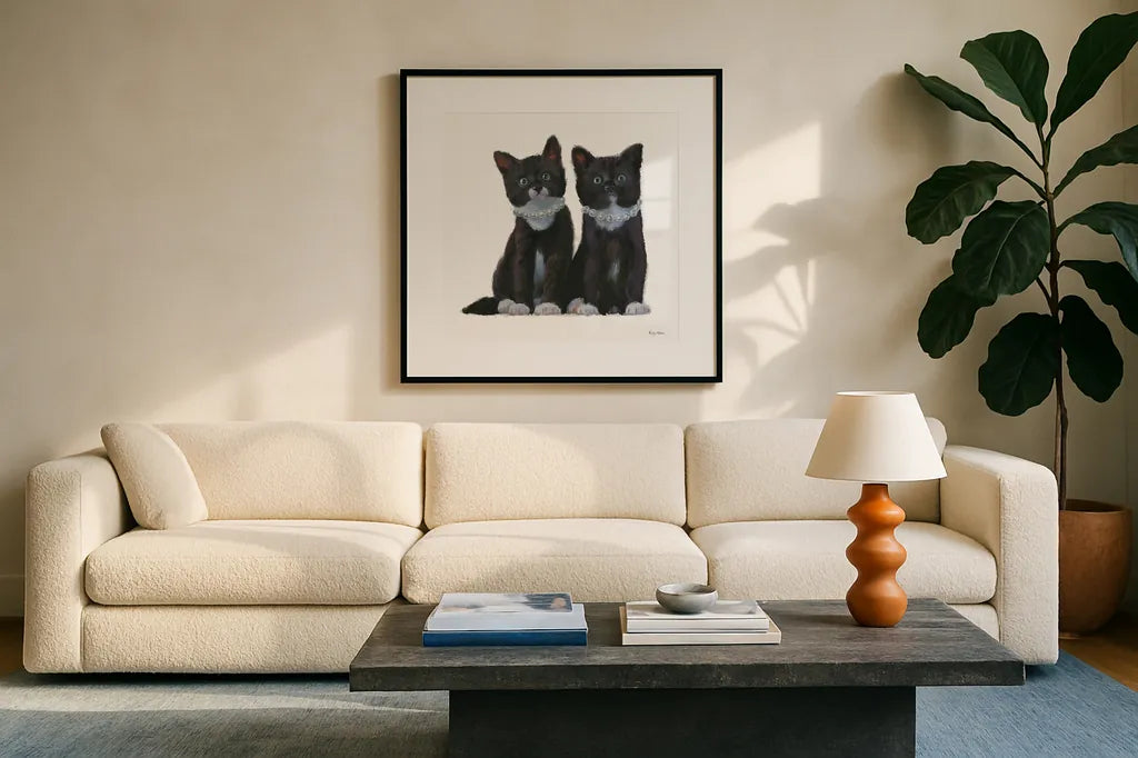 Cutie Kitties IV by Emily Adams. Displayed in a glass frame with matte in a clean modern living room. Available as an archival giclee rolled canvas, fine art paper, or poster print. SKU 44466a.