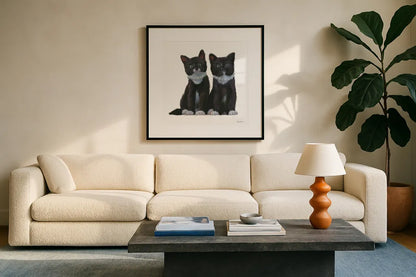 Cutie Kitties IV by Emily Adams. Displayed in a glass frame with matte in a clean modern living room. Available as an archival giclee rolled canvas, fine art paper, or poster print. SKU 44466a.