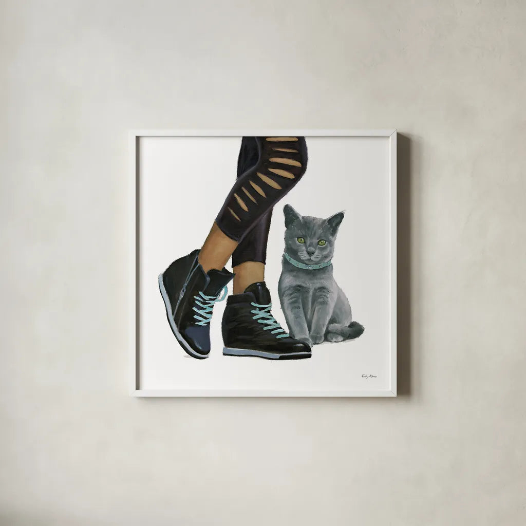 Cutie Kitties V by Emily Adams. Shown in a crisp white glass frame for a clean and minimalist style. Available as an archival giclee rolled canvas, fine art paper, or poster print. SKU 44467a.