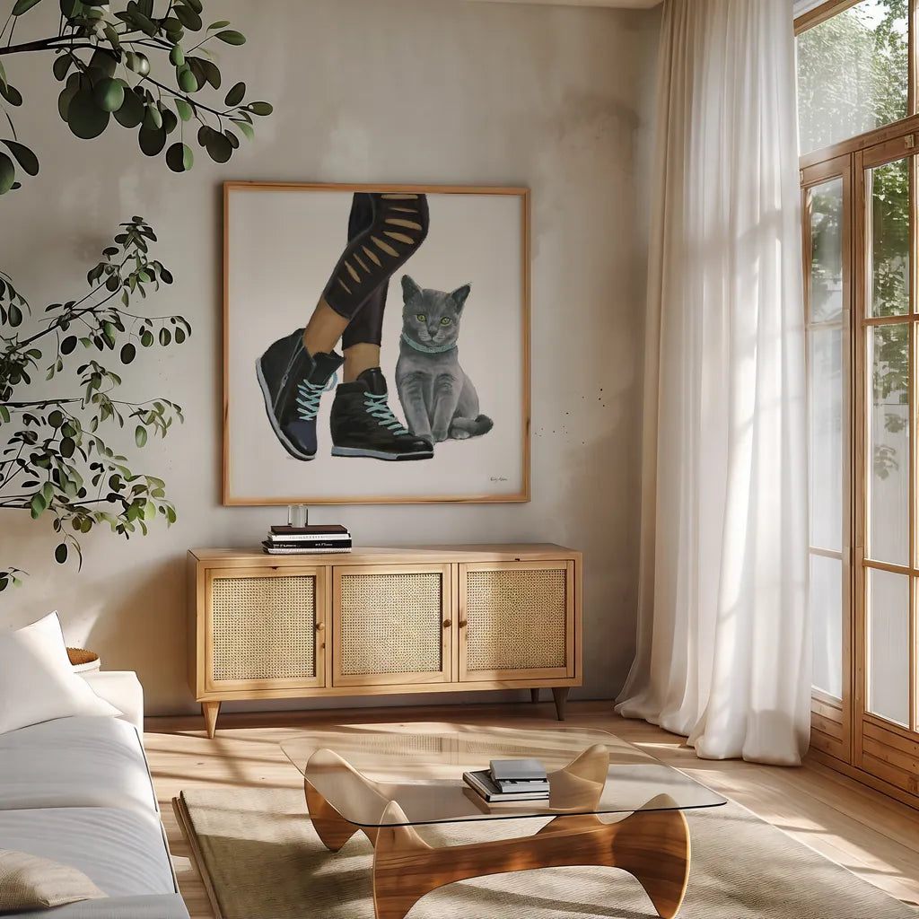Cutie Kitties V by Emily Adams. Shown in a natural wood frame in a cozy modern living room. Available as an archival giclee rolled canvas, fine art paper, or poster print. SKU 44467a.
