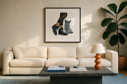 Cutie Kitties V by Emily Adams. Displayed in a glass frame with matte in a clean modern living room. Available as an archival giclee rolled canvas, fine art paper, or poster print. SKU 44467a.