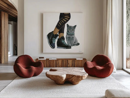 Cutie Kitties V by Emily Adams. Shown as extra-large giant wall art in a modern living room. Available as an archival giclee rolled canvas, fine art paper, or poster print. SKU 44467a.