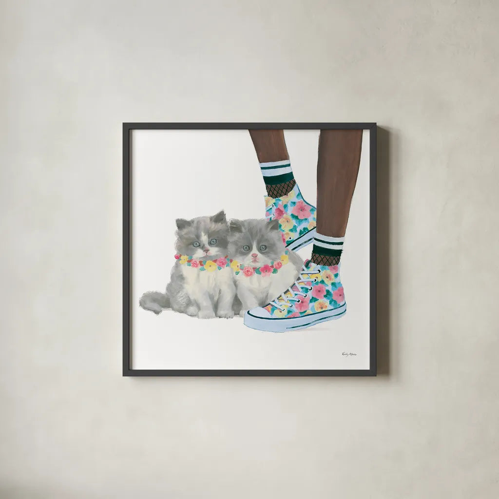 Cutie Kitties VII by Emily Adams. Shown in a sleek black glass frame for a contemporary gallery look. Available as an archival giclee rolled canvas, fine art paper, or poster print. SKU 44469a.