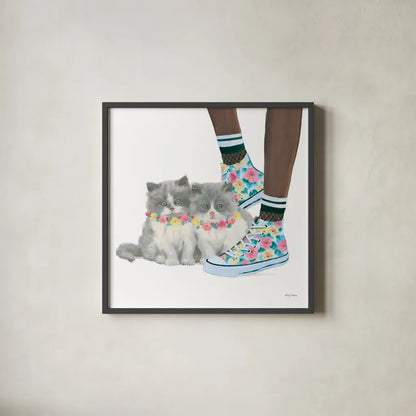 Cutie Kitties VII by Emily Adams. Shown in a sleek black glass frame for a contemporary gallery look. Available as an archival giclee rolled canvas, fine art paper, or poster print. SKU 44469a.