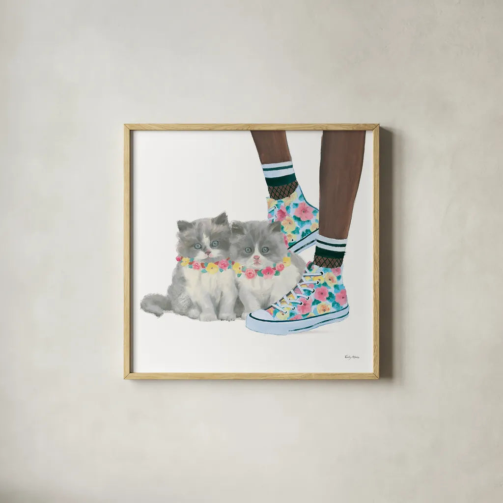 Cutie Kitties VII by Emily Adams. Shown in a natural wood glass frame for a timeless modern aesthetic. Available as an archival giclee rolled canvas, fine art paper, or poster print. SKU 44469a.