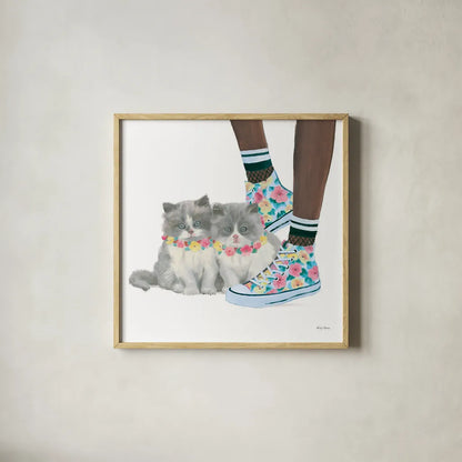 Cutie Kitties VII by Emily Adams. Shown in a natural wood glass frame for a timeless modern aesthetic. Available as an archival giclee rolled canvas, fine art paper, or poster print. SKU 44469a.
