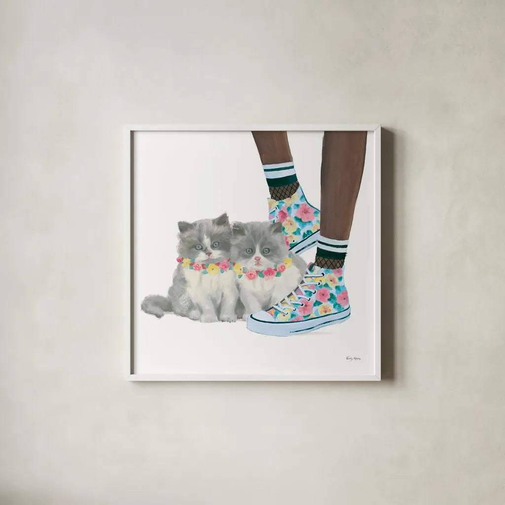 Cutie Kitties VII by Emily Adams. Shown in a crisp white glass frame for a clean and minimalist style. Available as an archival giclee rolled canvas, fine art paper, or poster print. SKU 44469a.