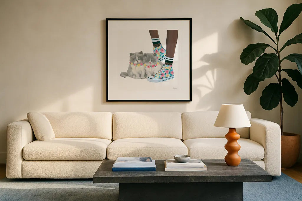Cutie Kitties VII by Emily Adams. Displayed in a glass frame with matte in a clean modern living room. Available as an archival giclee rolled canvas, fine art paper, or poster print. SKU 44469a.