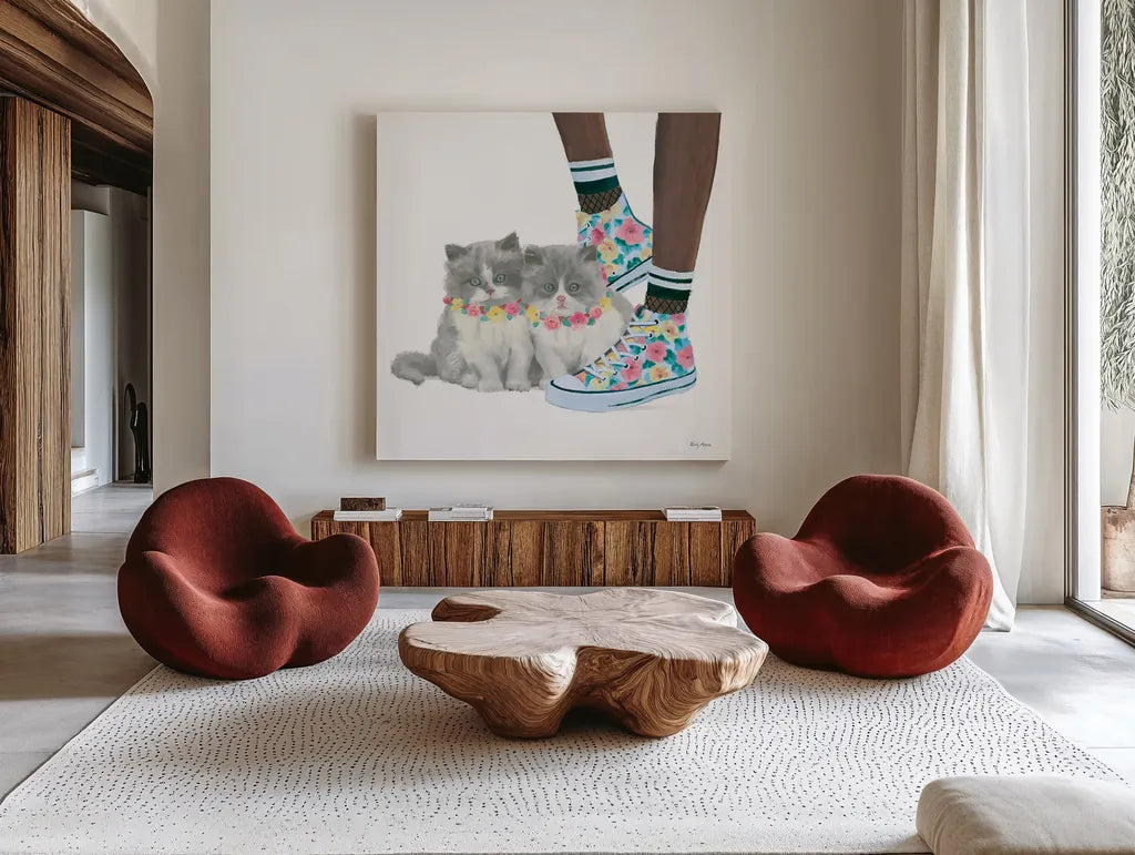 Cutie Kitties VII by Emily Adams. Shown as extra-large giant wall art in a modern living room. Available as an archival giclee rolled canvas, fine art paper, or poster print. SKU 44469a.