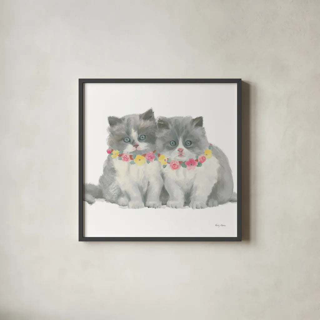 Cutie Kitties VIII by Emily Adams. Shown in a sleek black glass frame for a contemporary gallery look. Available as an archival giclee rolled canvas, fine art paper, or poster print. SKU 44470a.