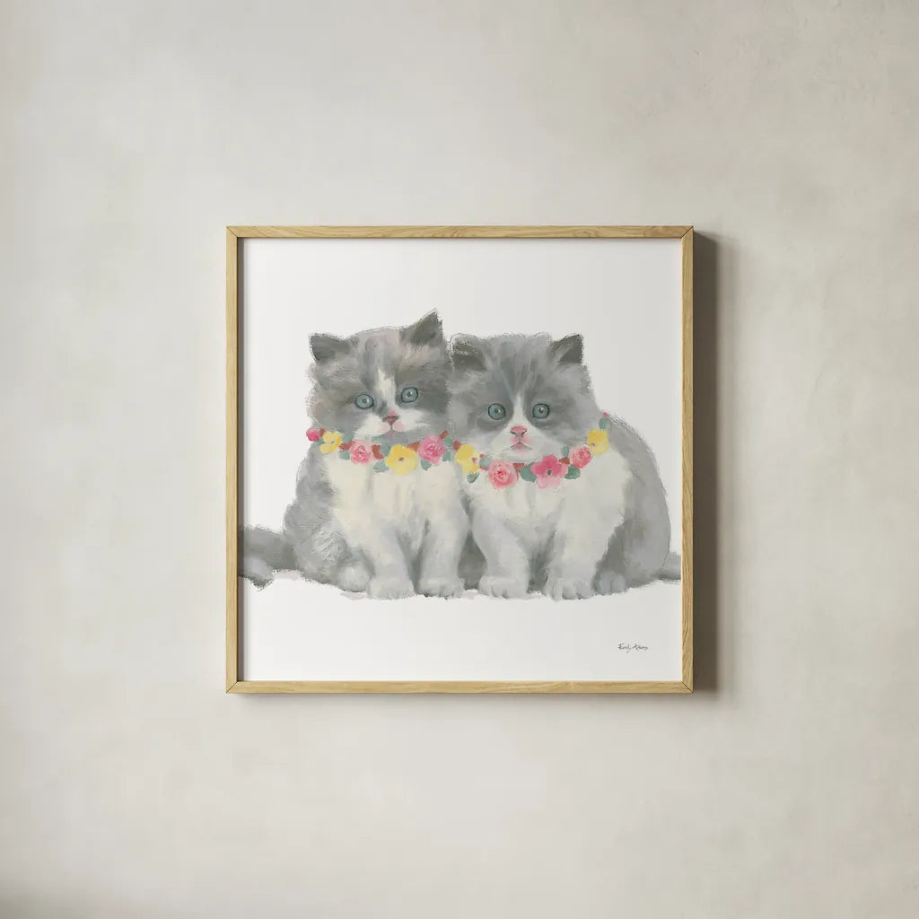 Cutie Kitties VIII by Emily Adams. Shown in a natural wood glass frame for a timeless modern aesthetic. Available as an archival giclee rolled canvas, fine art paper, or poster print. SKU 44470a.
