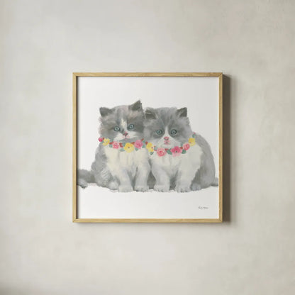 Cutie Kitties VIII by Emily Adams. Shown in a natural wood glass frame for a timeless modern aesthetic. Available as an archival giclee rolled canvas, fine art paper, or poster print. SKU 44470a.
