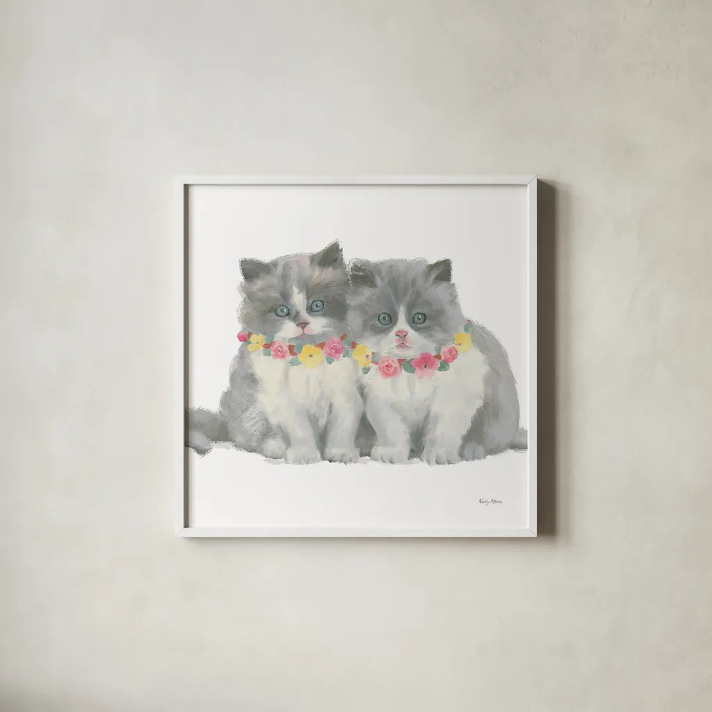 Cutie Kitties VIII by Emily Adams. Shown in a crisp white glass frame for a clean and minimalist style. Available as an archival giclee rolled canvas, fine art paper, or poster print. SKU 44470a.