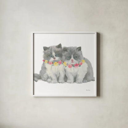 Cutie Kitties VIII by Emily Adams. Shown in a crisp white glass frame for a clean and minimalist style. Available as an archival giclee rolled canvas, fine art paper, or poster print. SKU 44470a.