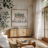 Cutie Kitties VIII by Emily Adams. Shown in a natural wood frame in a cozy modern living room. Available as an archival giclee rolled canvas, fine art paper, or poster print. SKU 44470a.
