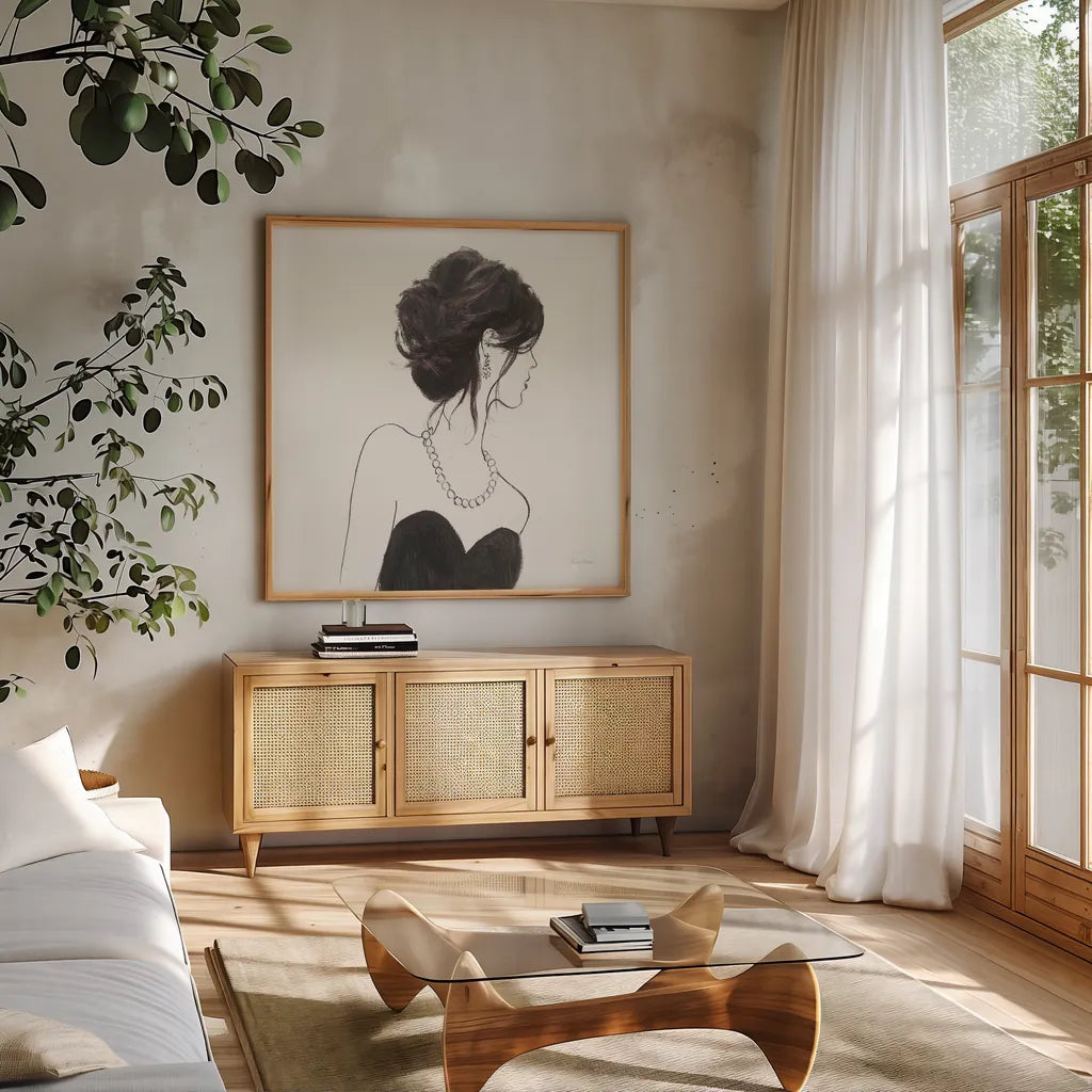 Elegance II Head Element by Emily Adams. Shown in a natural wood frame in a cozy modern living room. Available as an archival giclee rolled canvas, fine art paper, or poster print. SKU 34656a.