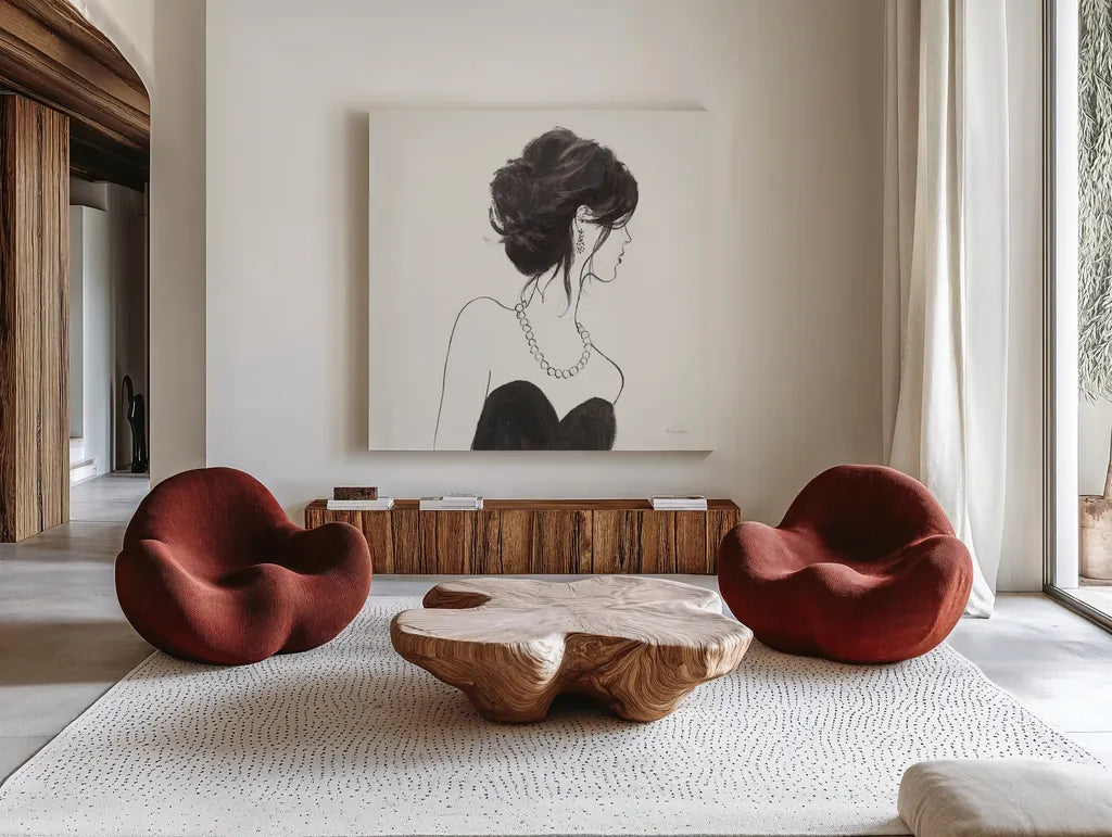 Elegance II Head Element by Emily Adams. Shown as extra-large giant wall art in a modern living room. Available as an archival giclee rolled canvas, fine art paper, or poster print. SKU 34656a.