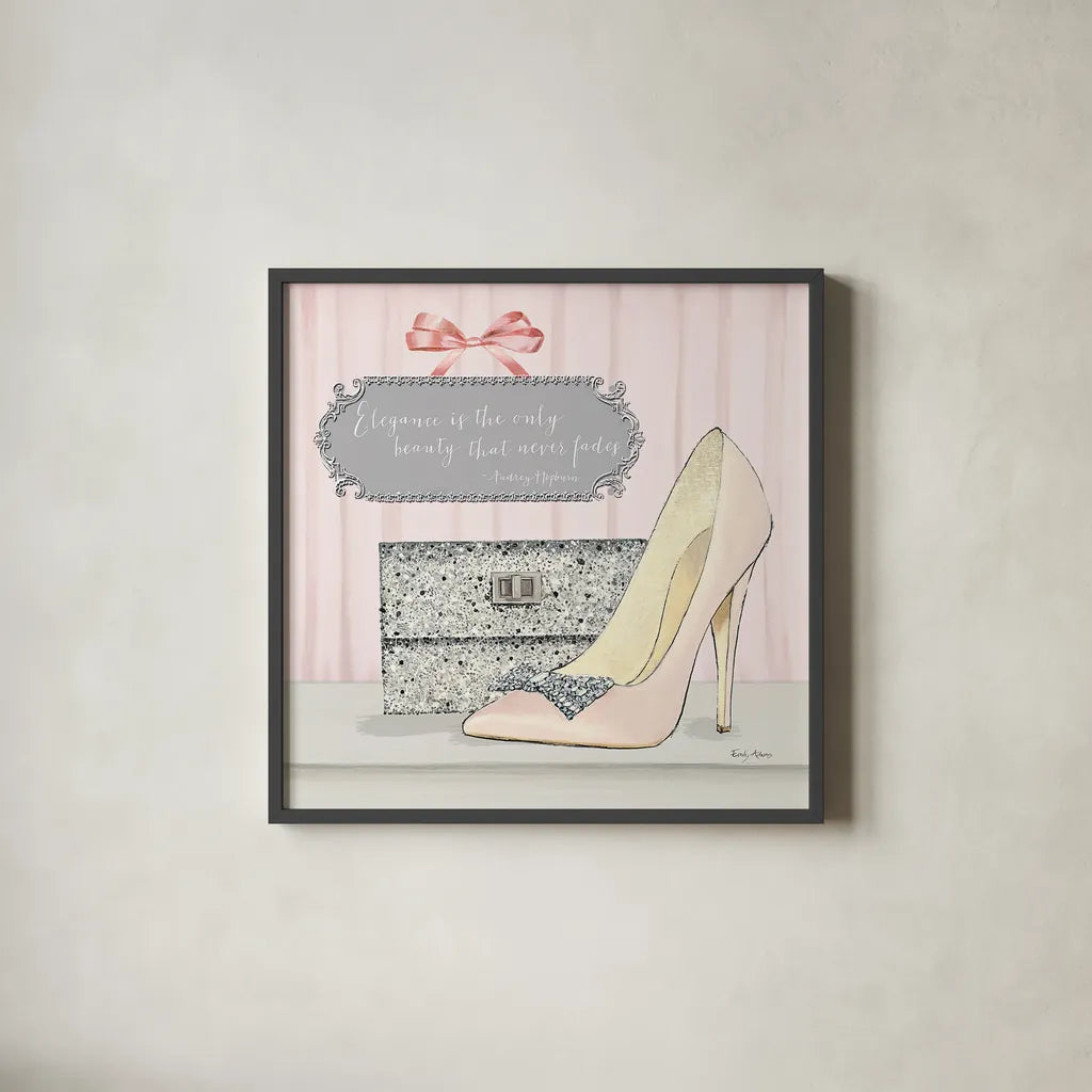 Elegance is the Only Beauty that Never Fades by Emily Adams. Shown in a sleek black glass frame for a contemporary gallery look. Available as an archival giclee rolled canvas, fine art paper, or poster print. SKU 30587a.