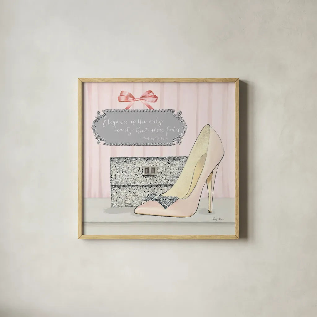 Elegance is the Only Beauty that Never Fades by Emily Adams. Shown in a natural wood glass frame for a timeless modern aesthetic. Available as an archival giclee rolled canvas, fine art paper, or poster print. SKU 30587a.