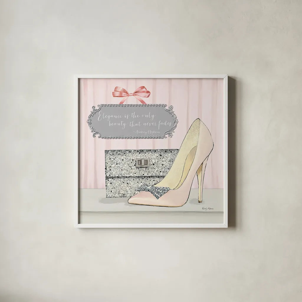 Elegance is the Only Beauty that Never Fades by Emily Adams. Shown in a crisp white glass frame for a clean and minimalist style. Available as an archival giclee rolled canvas, fine art paper, or poster print. SKU 30587a.