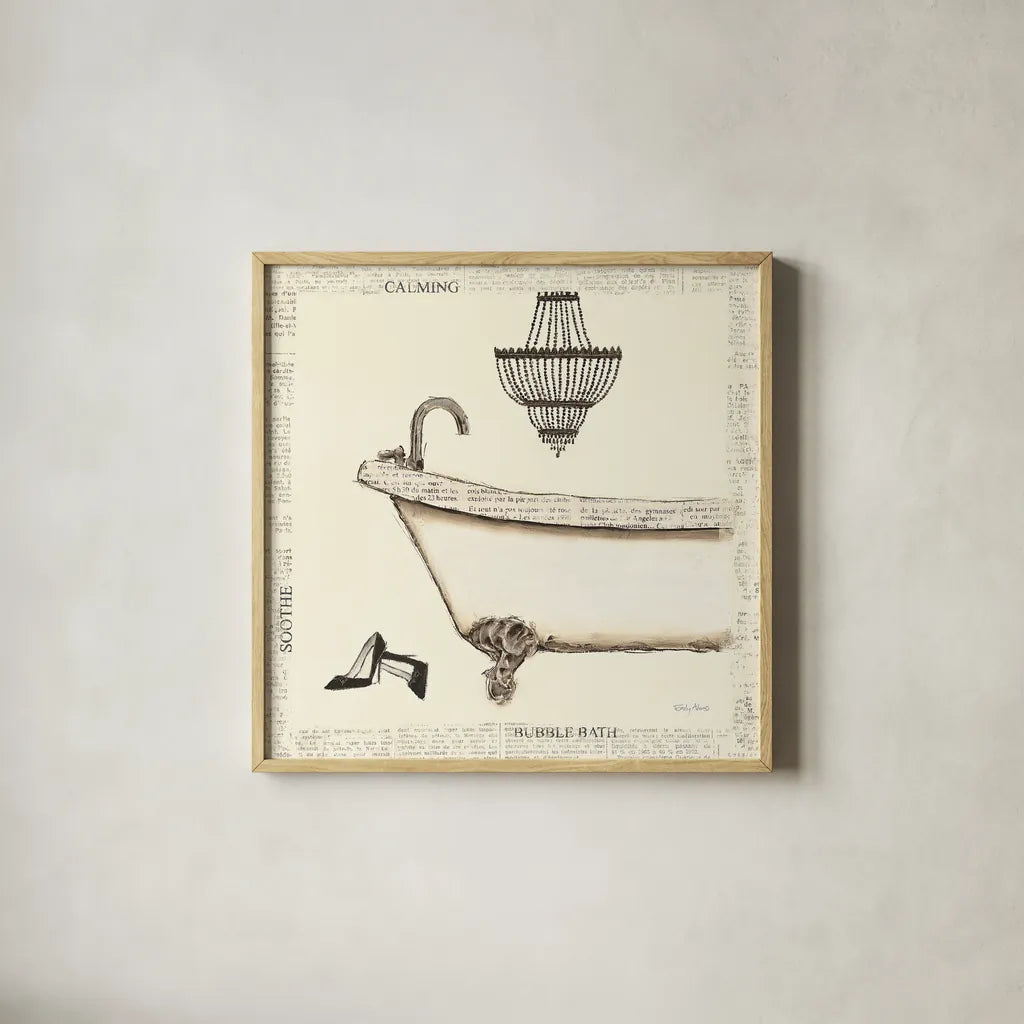 Emilys Boudoir I Bath by Emily Adams. Shown in a natural wood glass frame for a timeless modern aesthetic. Available as an archival giclee rolled canvas, fine art paper, or poster print. SKU 11078a.