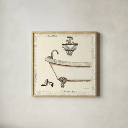 Emilys Boudoir I Bath by Emily Adams. Shown in a natural wood glass frame for a timeless modern aesthetic. Available as an archival giclee rolled canvas, fine art paper, or poster print. SKU 11078a.