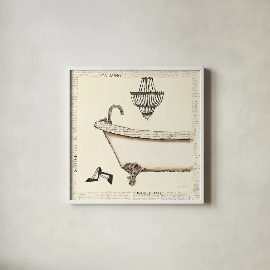 Emilys Boudoir I Bath by Emily Adams. Shown in a crisp white glass frame for a clean and minimalist style. Available as an archival giclee rolled canvas, fine art paper, or poster print. SKU 11078a.