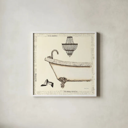 Emilys Boudoir I Bath by Emily Adams. Shown in a crisp white glass frame for a clean and minimalist style. Available as an archival giclee rolled canvas, fine art paper, or poster print. SKU 11078a.