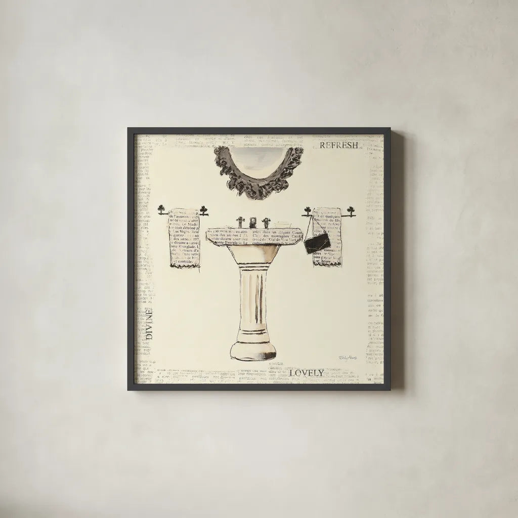 Emilys Boudoir II Sink by Emily Adams. Shown in a sleek black glass frame for a contemporary gallery look. Available as an archival giclee rolled canvas, fine art paper, or poster print. SKU 11079a.