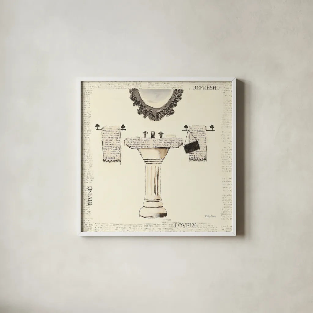 Emilys Boudoir II Sink by Emily Adams. Shown in a crisp white glass frame for a clean and minimalist style. Available as an archival giclee rolled canvas, fine art paper, or poster print. SKU 11079a.