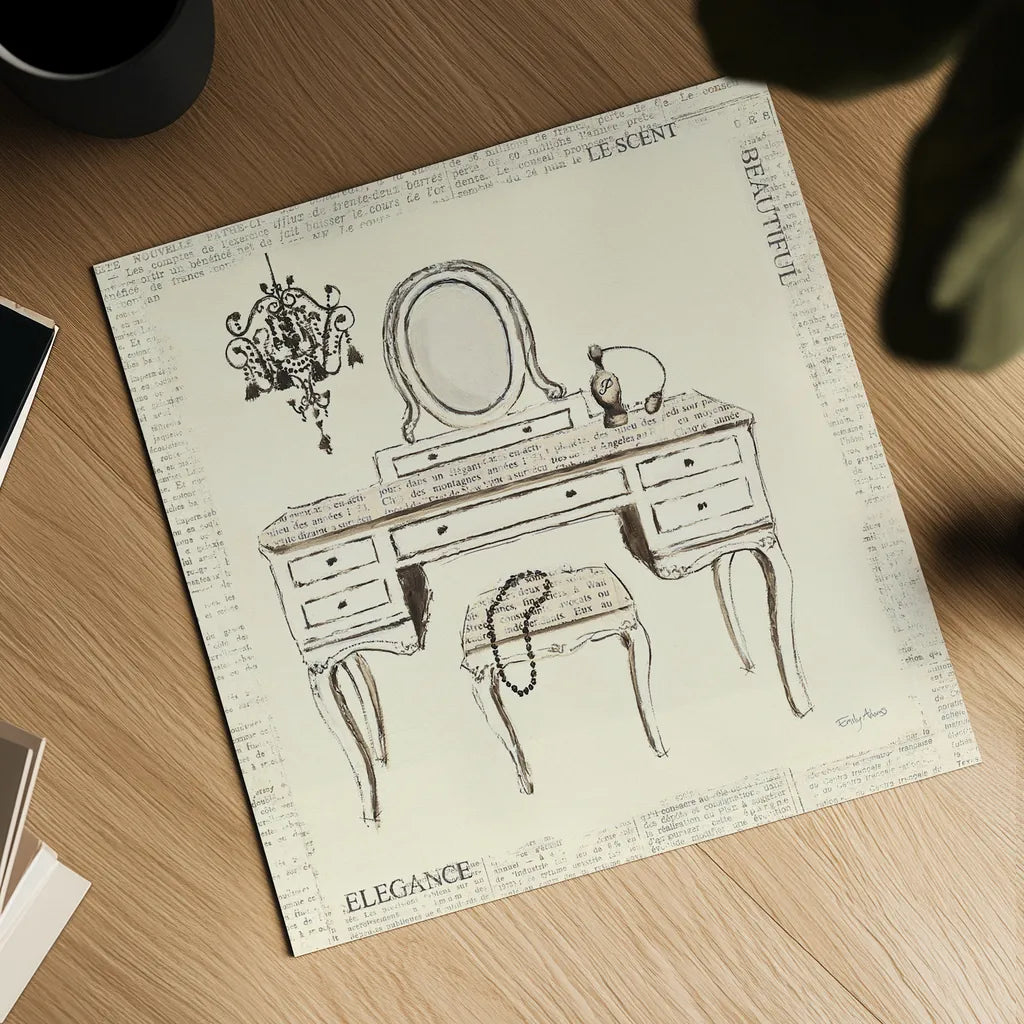 Emilys Boudoir III Table by Emily Adams. Shown as a detailed flat fine art print, highlighting archival giclee quality. Available as an archival giclee rolled canvas, fine art paper, or poster print. SKU 11080a.
