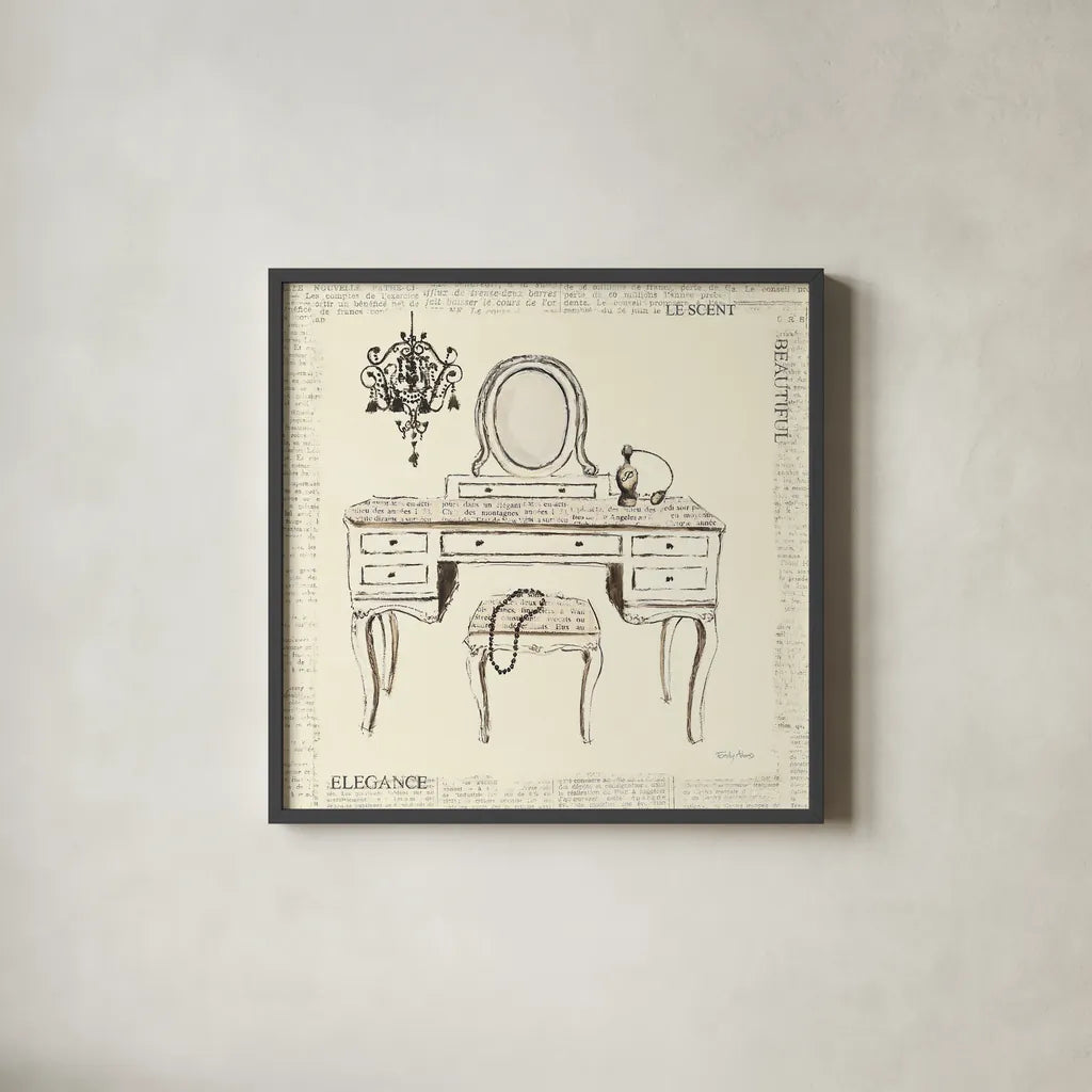 Emilys Boudoir III Table by Emily Adams. Shown in a sleek black glass frame for a contemporary gallery look. Available as an archival giclee rolled canvas, fine art paper, or poster print. SKU 11080a.