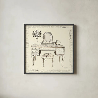 Emilys Boudoir III Table by Emily Adams. Shown in a sleek black glass frame for a contemporary gallery look. Available as an archival giclee rolled canvas, fine art paper, or poster print. SKU 11080a.