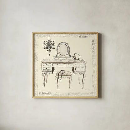 Emilys Boudoir III Table by Emily Adams. Shown in a natural wood glass frame for a timeless modern aesthetic. Available as an archival giclee rolled canvas, fine art paper, or poster print. SKU 11080a.