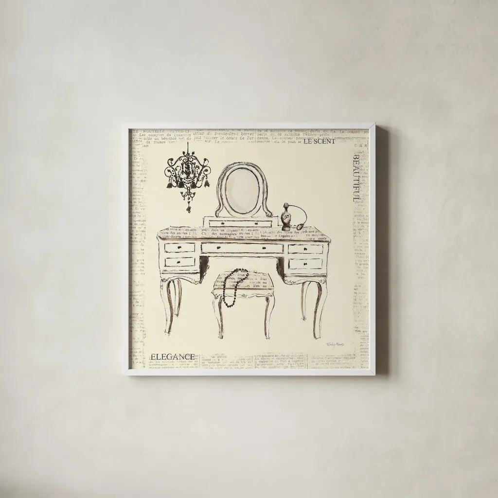 Emilys Boudoir III Table by Emily Adams. Shown in a crisp white glass frame for a clean and minimalist style. Available as an archival giclee rolled canvas, fine art paper, or poster print. SKU 11080a.
