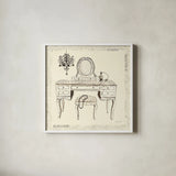 Emilys Boudoir III Table by Emily Adams. Shown in a crisp white glass frame for a clean and minimalist style. Available as an archival giclee rolled canvas, fine art paper, or poster print. SKU 11080a.