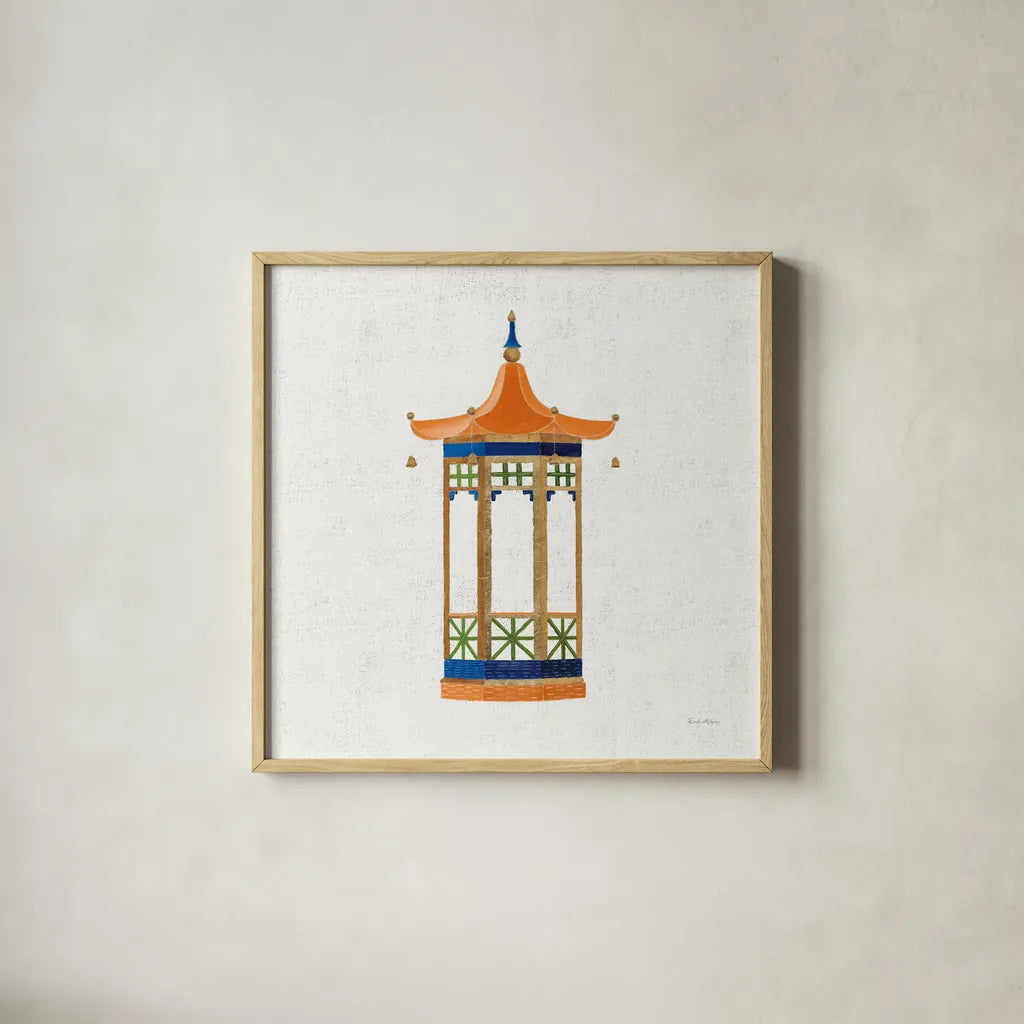 Flora Chinoiserie VII Textured v2 by Emily Adams. Shown in a natural wood glass frame for a timeless modern aesthetic. Available as an archival giclee rolled canvas, fine art paper, or poster print. SKU 97517a.