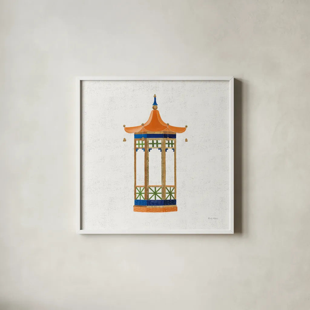 Flora Chinoiserie VII Textured v2 by Emily Adams. Shown in a crisp white glass frame for a clean and minimalist style. Available as an archival giclee rolled canvas, fine art paper, or poster print. SKU 97517a.