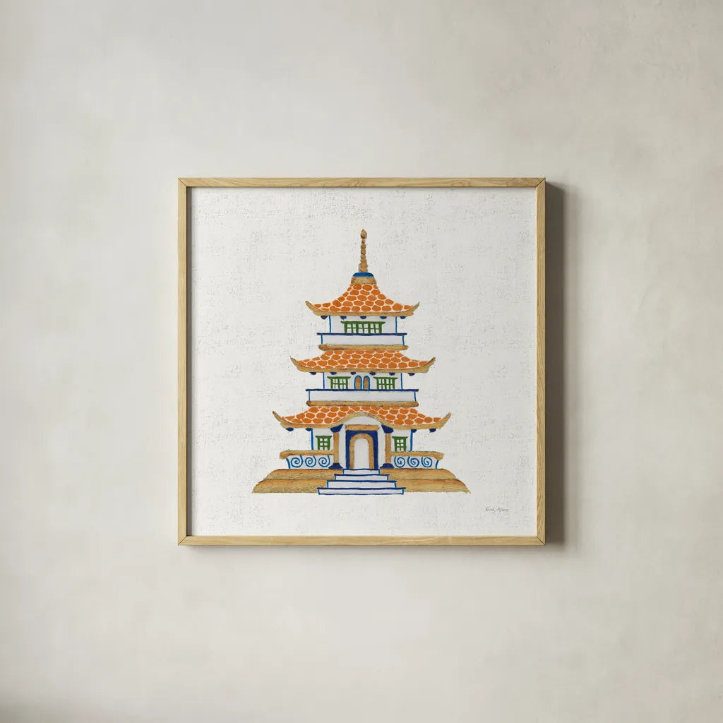 Flora Chinoiserie VIII Textured v2 by Emily Adams. Shown in a natural wood glass frame for a timeless modern aesthetic. Available as an archival giclee rolled canvas, fine art paper, or poster print. SKU 97518a.