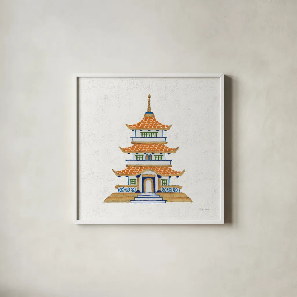 Flora Chinoiserie VIII Textured v2 by Emily Adams. Shown in a crisp white glass frame for a clean and minimalist style. Available as an archival giclee rolled canvas, fine art paper, or poster print. SKU 97518a.