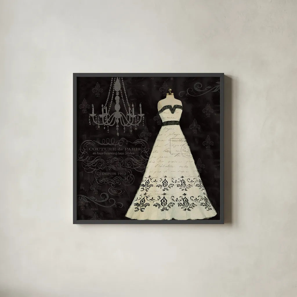 French Couture II by Emily Adams. Shown in a sleek black glass frame for a contemporary gallery look. Available as an archival giclee rolled canvas, fine art paper, or poster print. SKU 13843a.