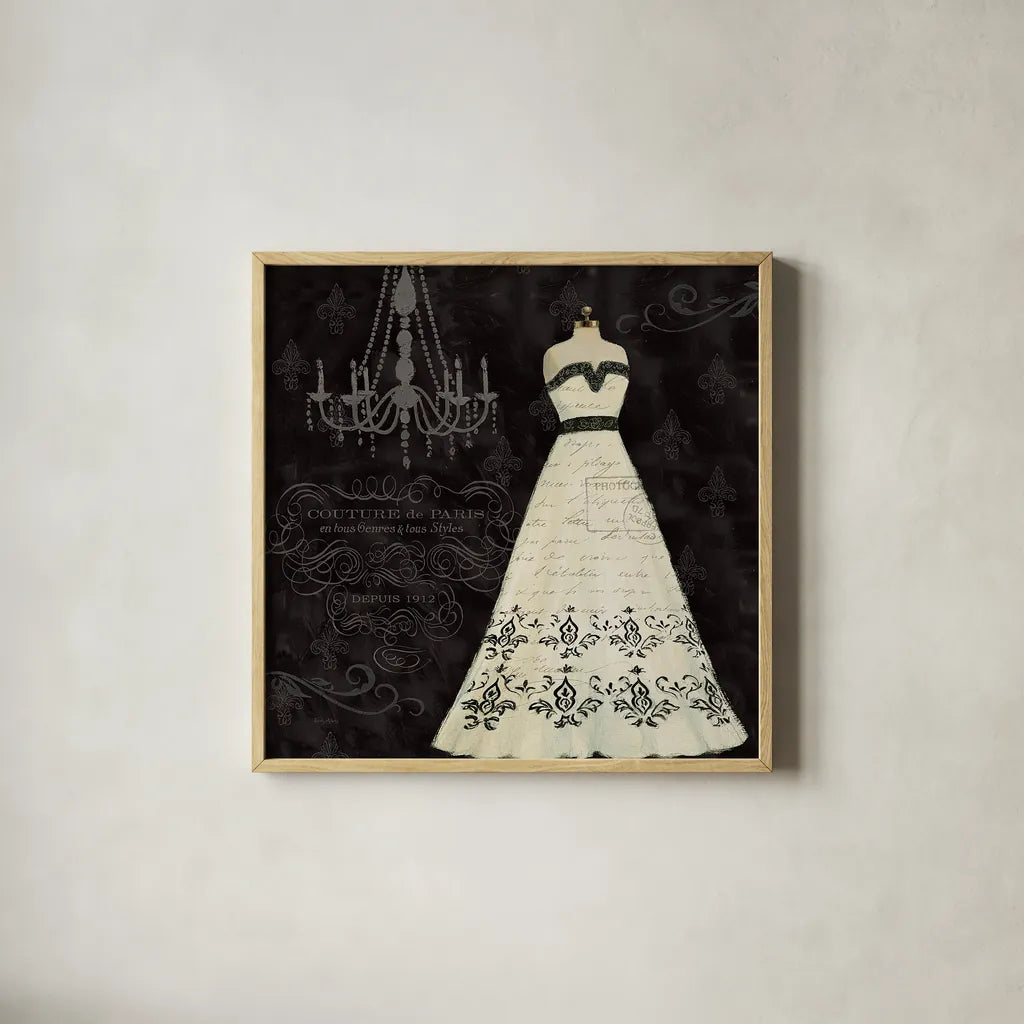 French Couture II by Emily Adams. Shown in a natural wood glass frame for a timeless modern aesthetic. Available as an archival giclee rolled canvas, fine art paper, or poster print. SKU 13843a.