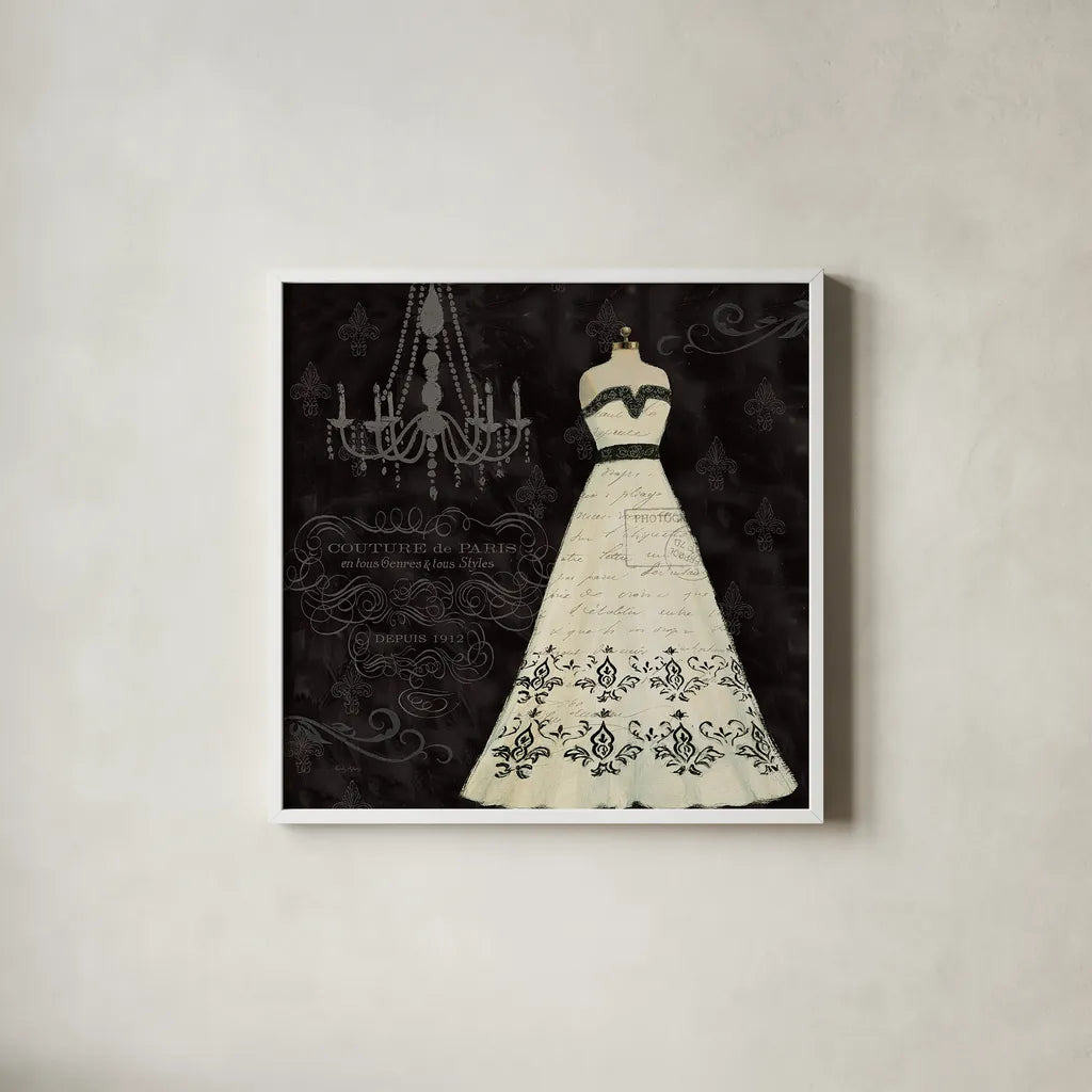 French Couture II by Emily Adams. Shown in a crisp white glass frame for a clean and minimalist style. Available as an archival giclee rolled canvas, fine art paper, or poster print. SKU 13843a.