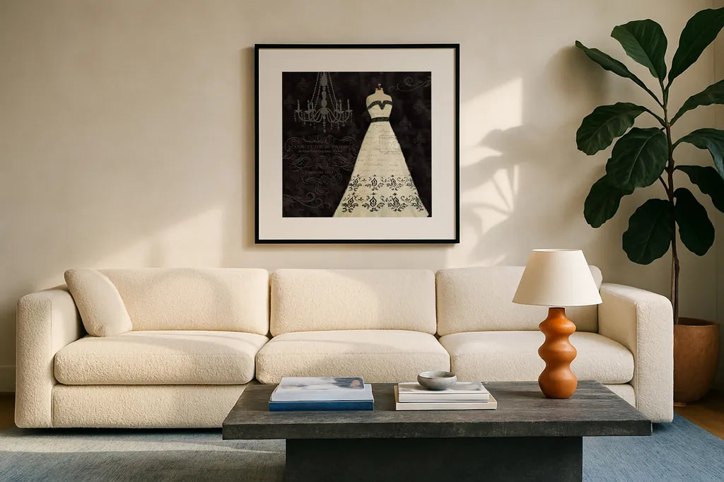 French Couture II by Emily Adams. Displayed in a glass frame with matte in a clean modern living room. Available as an archival giclee rolled canvas, fine art paper, or poster print. SKU 13843a.