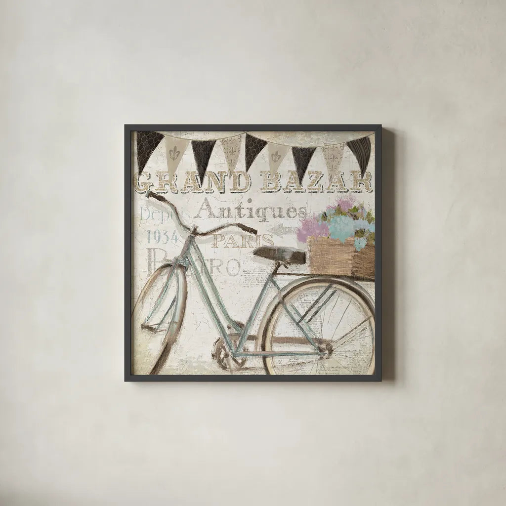 French Flea Market II by Emily Adams. Shown in a sleek black glass frame for a contemporary gallery look. Available as an archival giclee rolled canvas, fine art paper, or poster print. SKU 13485a.