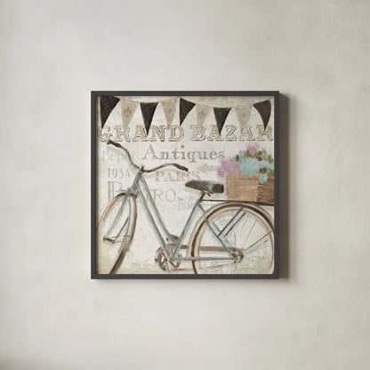 French Flea Market II by Emily Adams. Shown in a sleek black glass frame for a contemporary gallery look. Available as an archival giclee rolled canvas, fine art paper, or poster print. SKU 13485a.
