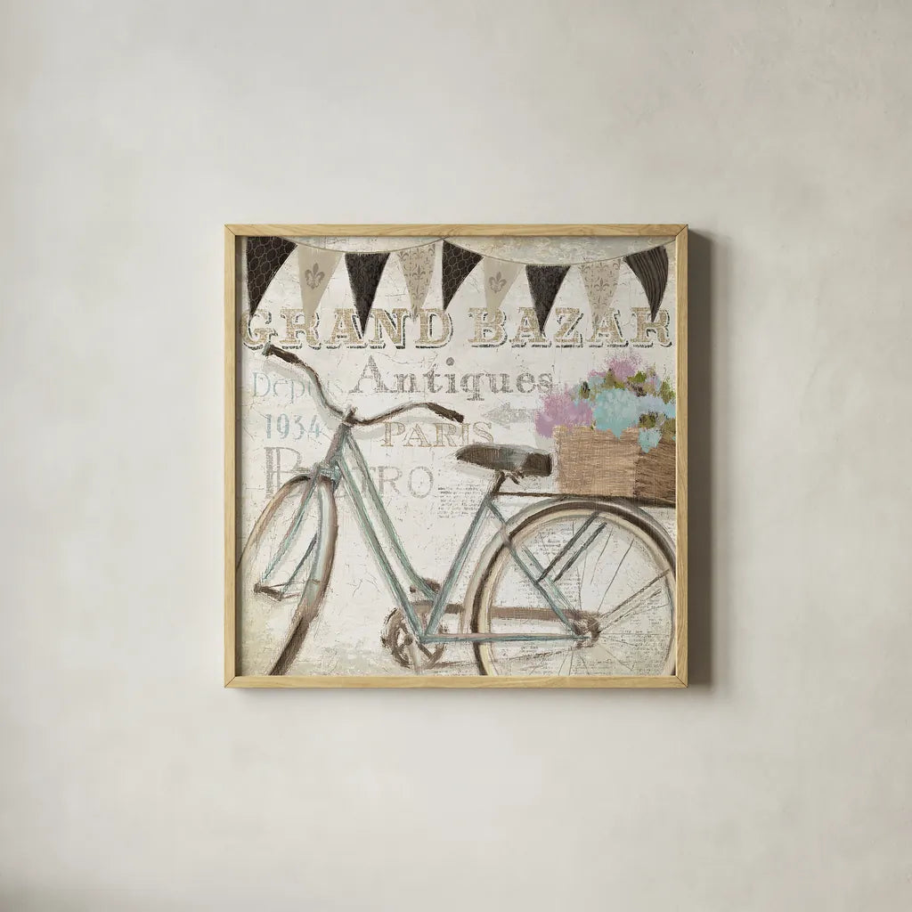 French Flea Market II by Emily Adams. Shown in a natural wood glass frame for a timeless modern aesthetic. Available as an archival giclee rolled canvas, fine art paper, or poster print. SKU 13485a.