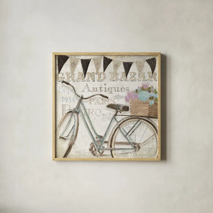 French Flea Market II by Emily Adams. Shown in a natural wood glass frame for a timeless modern aesthetic. Available as an archival giclee rolled canvas, fine art paper, or poster print. SKU 13485a.